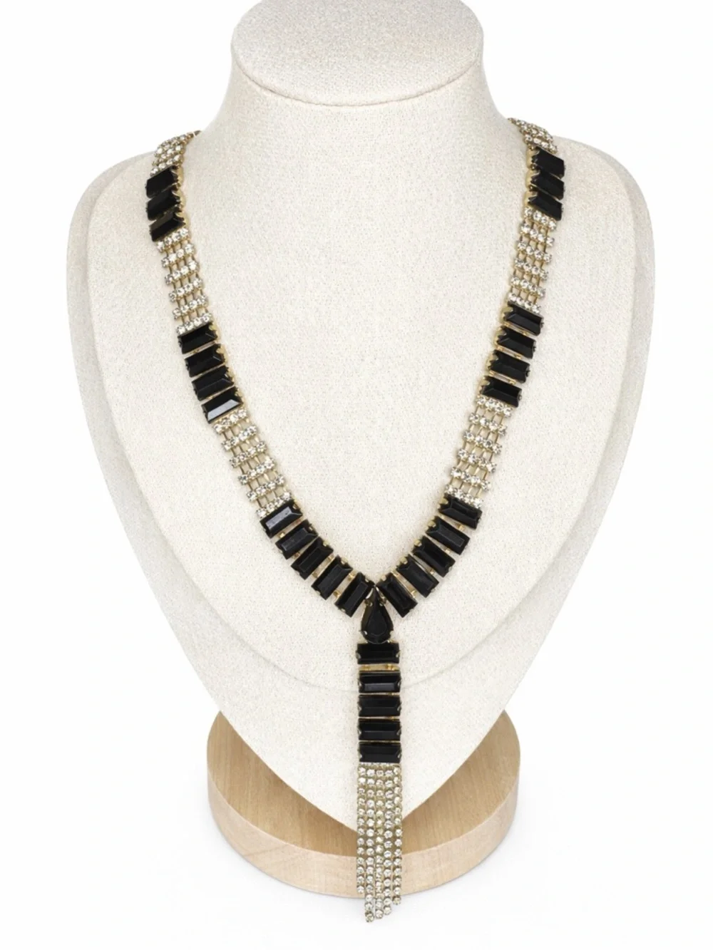 Vintage Black & Gold Rhinestone Fringe‎ Art Deco Tassel Statement Necklace